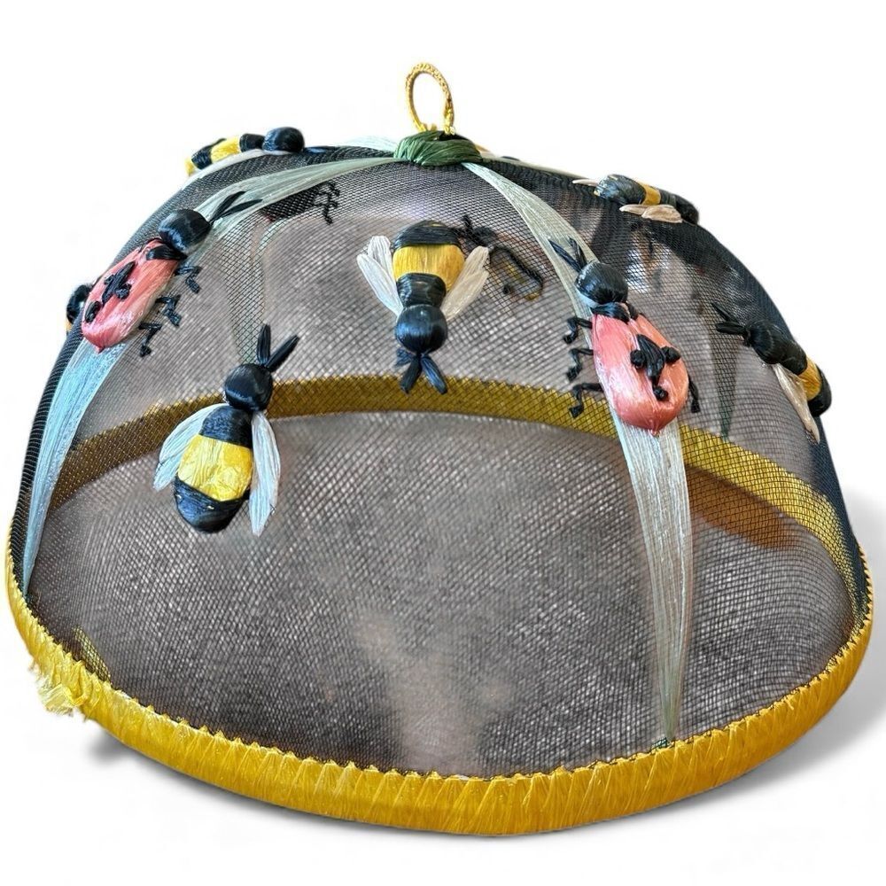 Mesh Food Dome With Embroidered Bees and Flowers Yellow Black White Pink